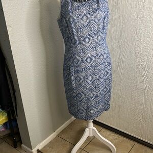 Etcetera Blue and White Sheath Midi Dress